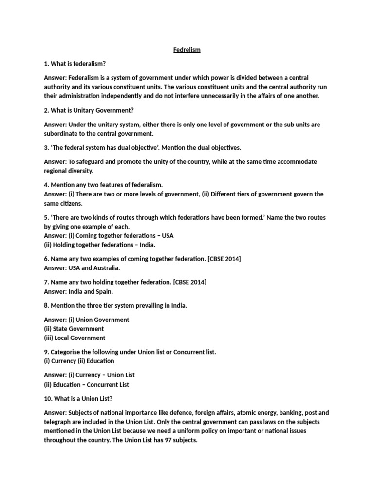 Chapter 2 Federalism Political Science Class 10 | PDF | Government ...