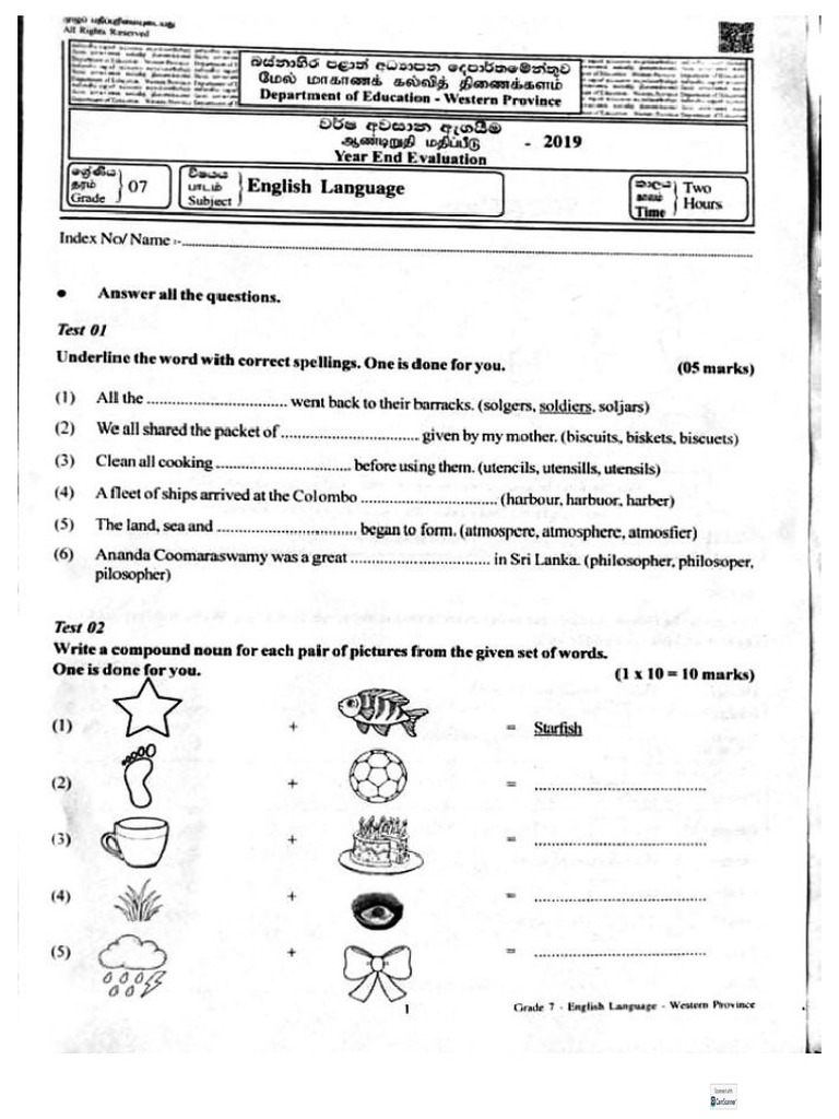 English - Grade 7 - Third Term Test 2019 - Western Province | PDF