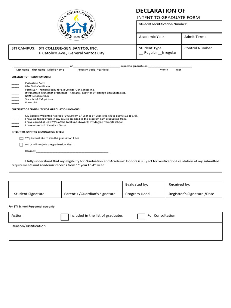 Graduation Intent Declaration Form | PDF | Educational Stages