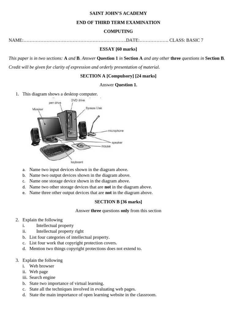 Basic 7 Computing Exam Questions | PDF | Computer Keyboard | Office ...