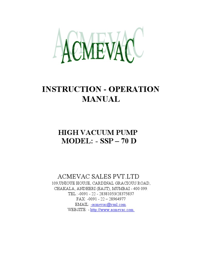 Instruction Manual For SSP70DACMEVAC PDF Vacuum Pump