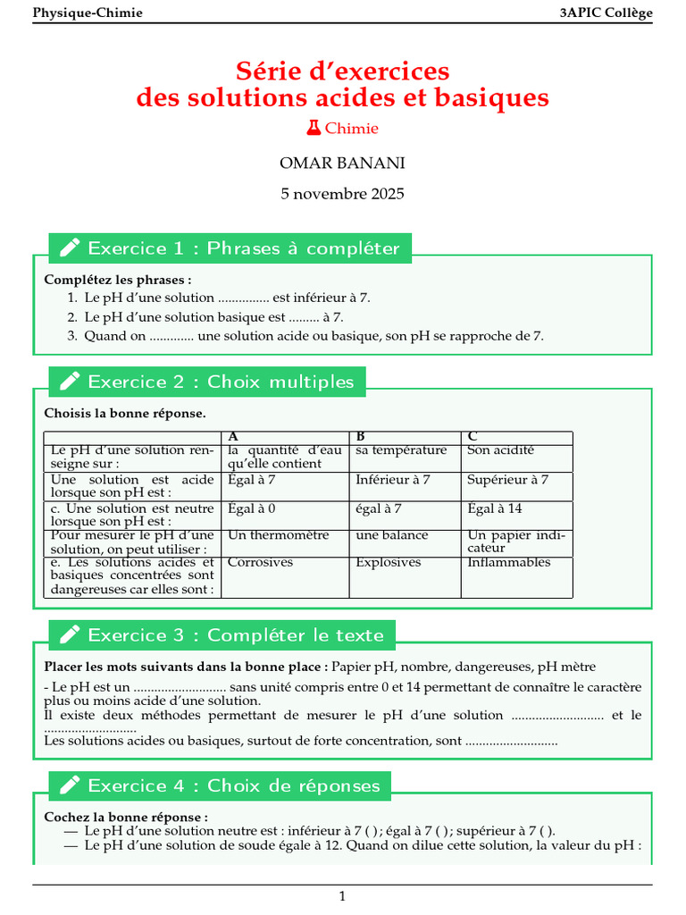 Exercices sur les solutions acides et basiques | PDF | Ph | Acide