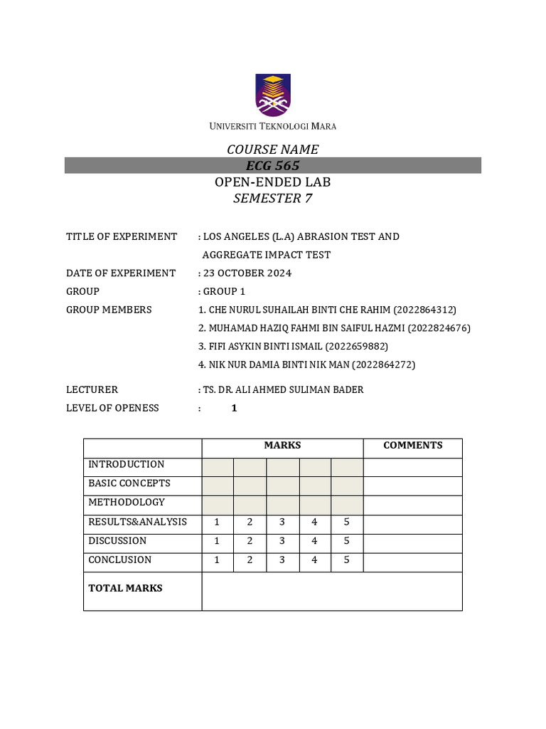 Group 1 - Los Angeles (L.a) Abrasion Test and Aggregate Impact Test ...