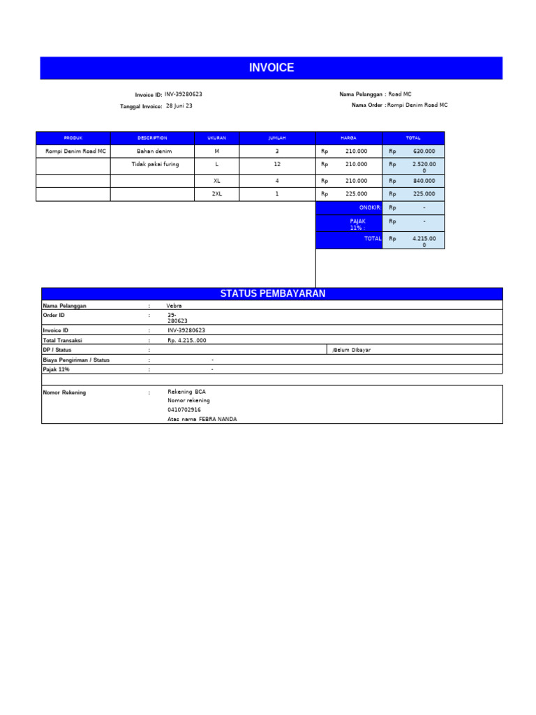 Invoice Rompi Road MC | PDF