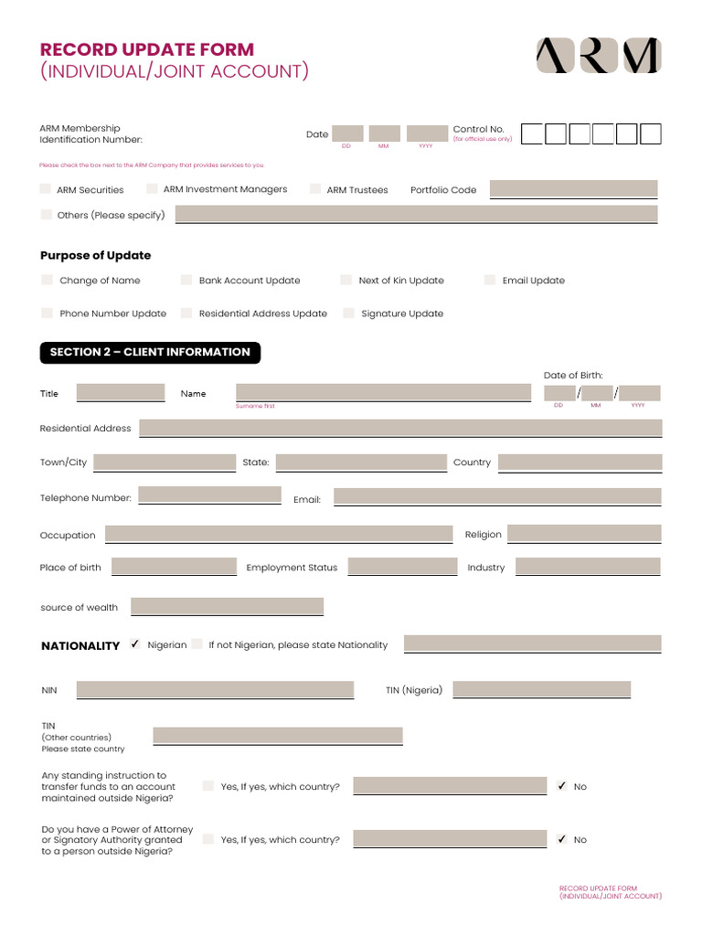 ARM Account Record Update Form | PDF | Information Privacy | Identity ...