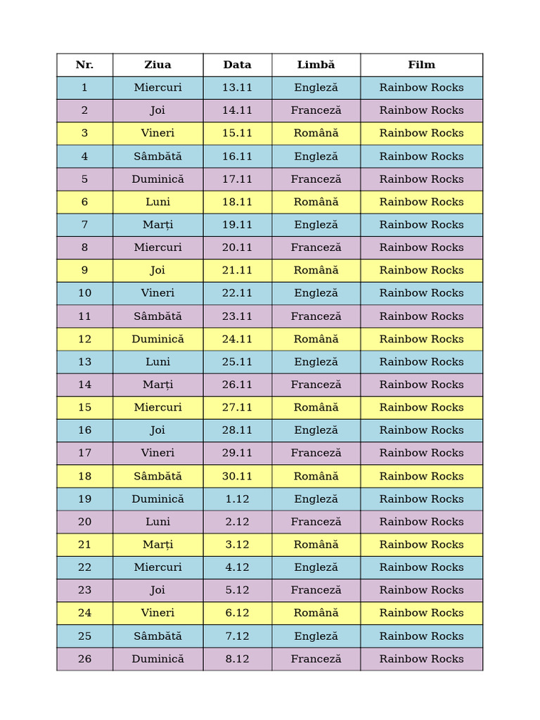 Rainbow Rocks Schedule Colored | PDF