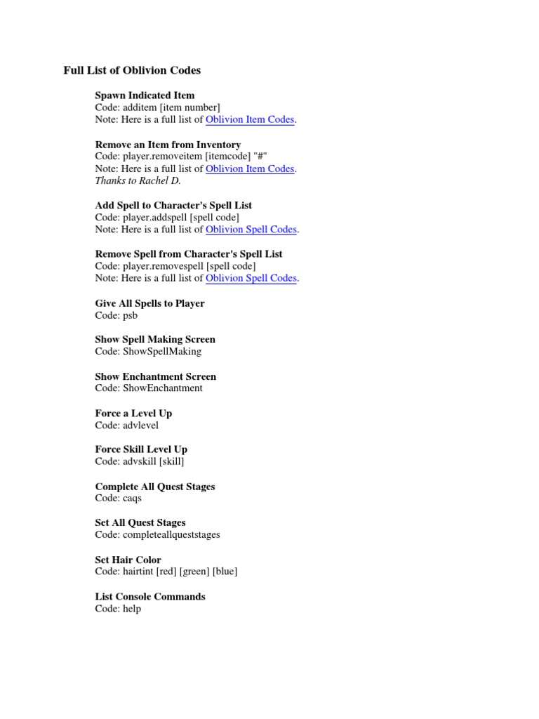 Full List of Oblivion Codes: Thanks To Rachel D | PDF | Melee 