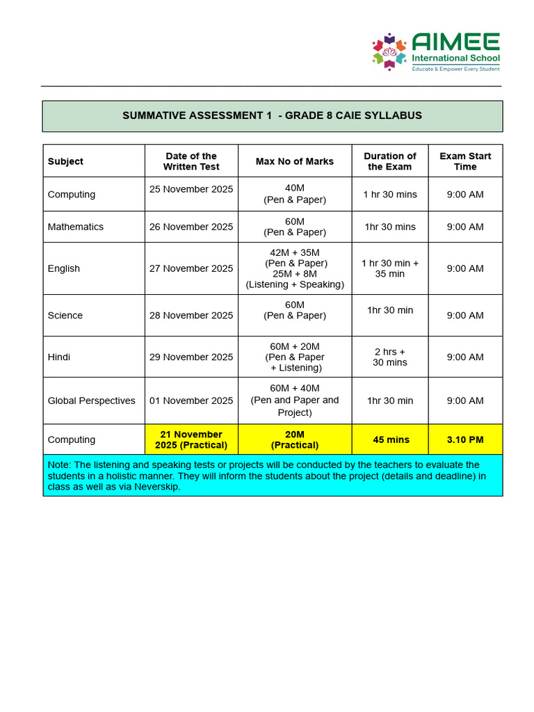 Grade 8 CAIE Summative Assessment Schedule | PDF | Languages | Foreign ...