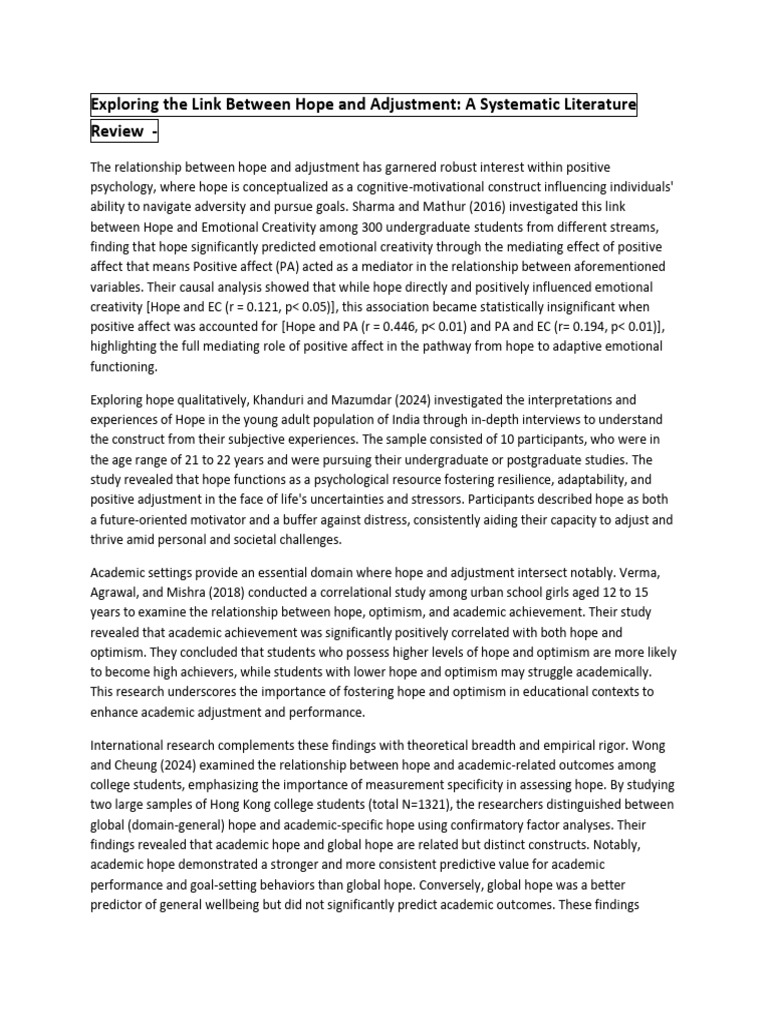 HOPE AND ADJUSTMENT Review of Literature | PDF | Cognitive Science ...