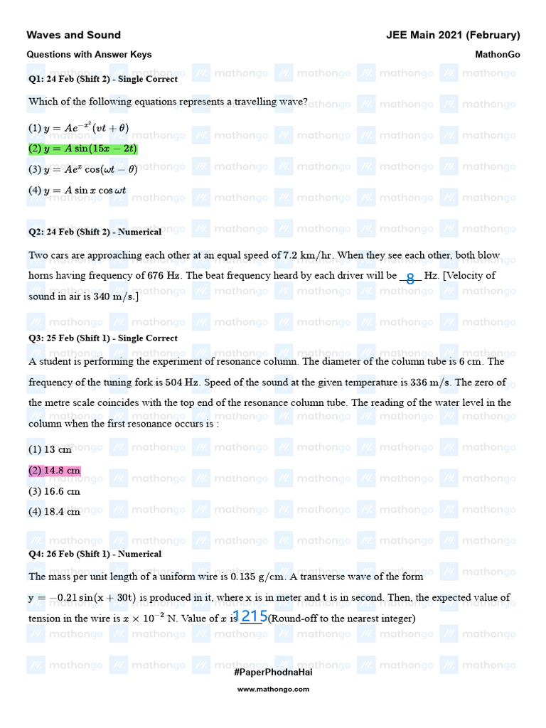JEE Main 2021 Waves and Sound Questions | PDF | Waves | Sound