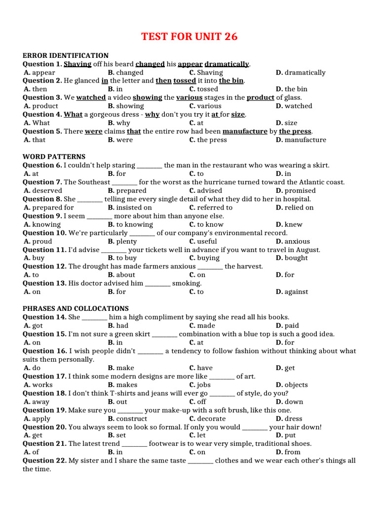 Unit 26 Error Identification Test | PDF | Fashion | Softlines (Retail)