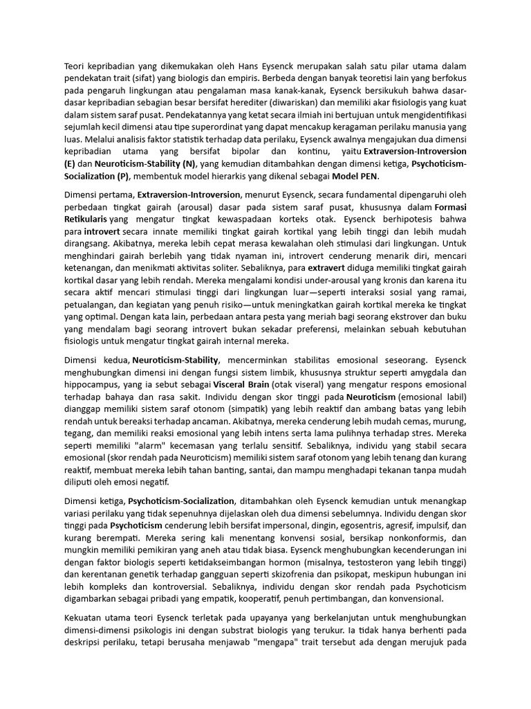 Teori Kepribadian Eysenck dan Model PEN | PDF