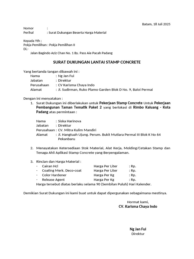 Surat Dukungan Pekerjaan Stamp Concrete | PDF