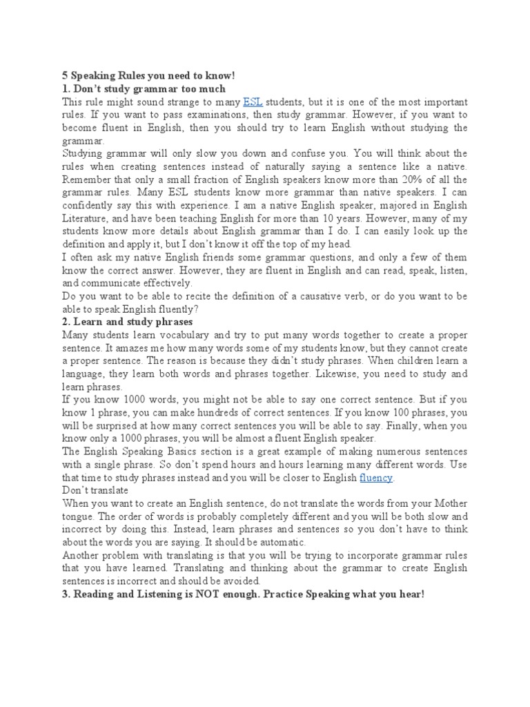 5 Speaking Rules You Need To Know Pdf Fluency English Language