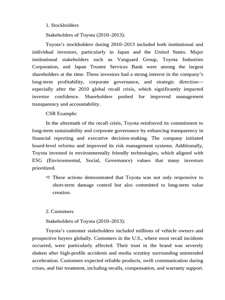 Toyota Stakeholders Post-Recall Crisis | PDF | Toyota | Corporate ...