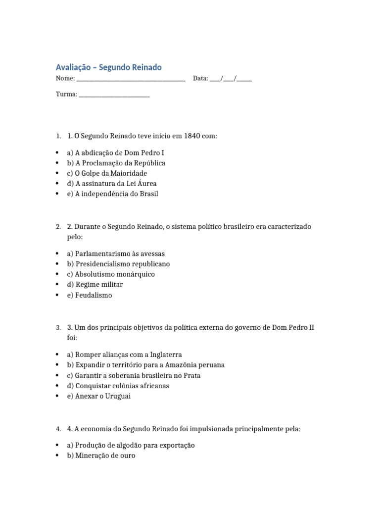 Questões sobre o Segundo Reinado | PDF | Brasil