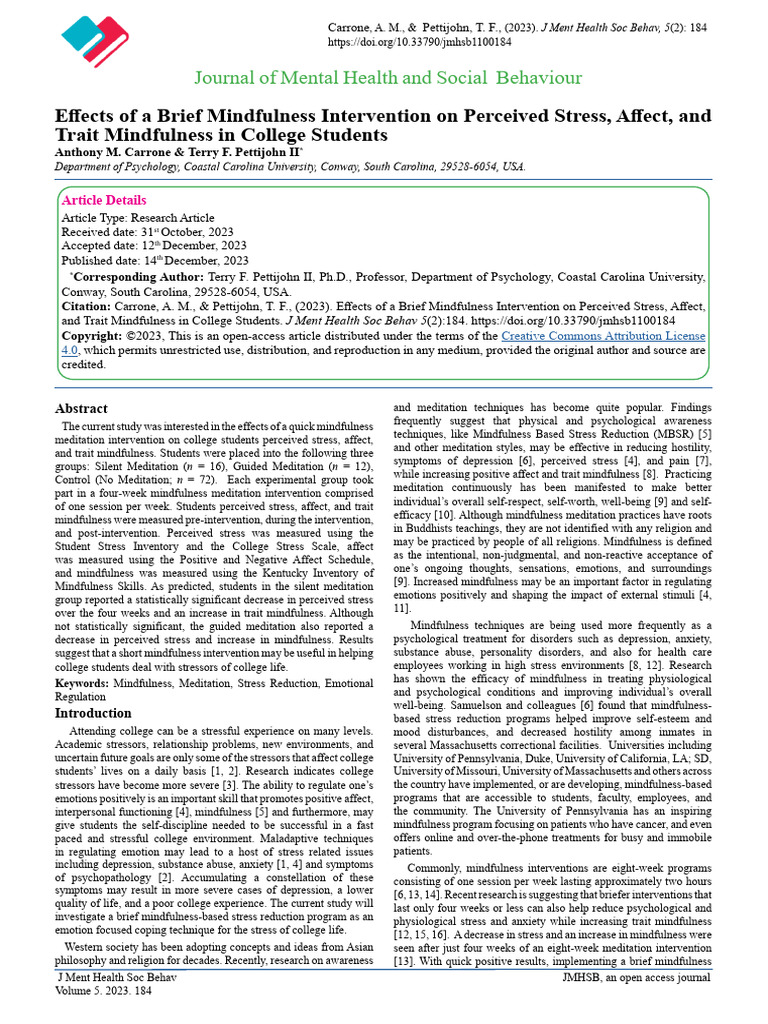 (PDF) Effects of A Brief Mindfulness Intervention On Perceived Stress ...