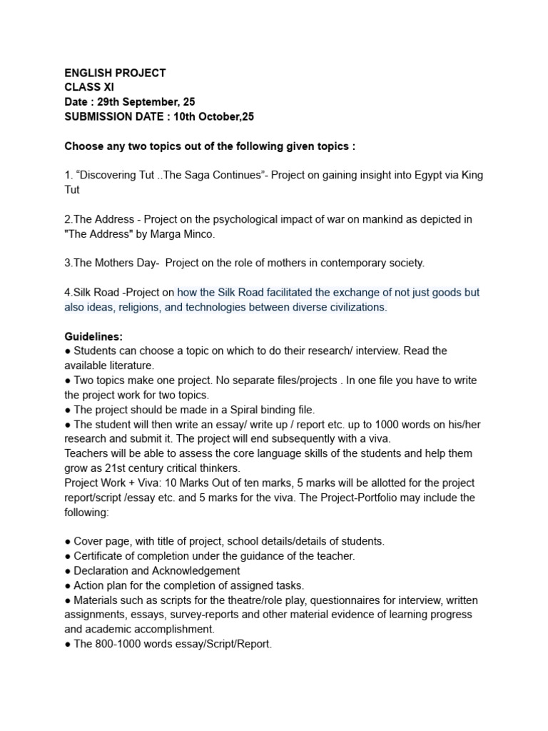 Class XI English Project Guidelines | PDF