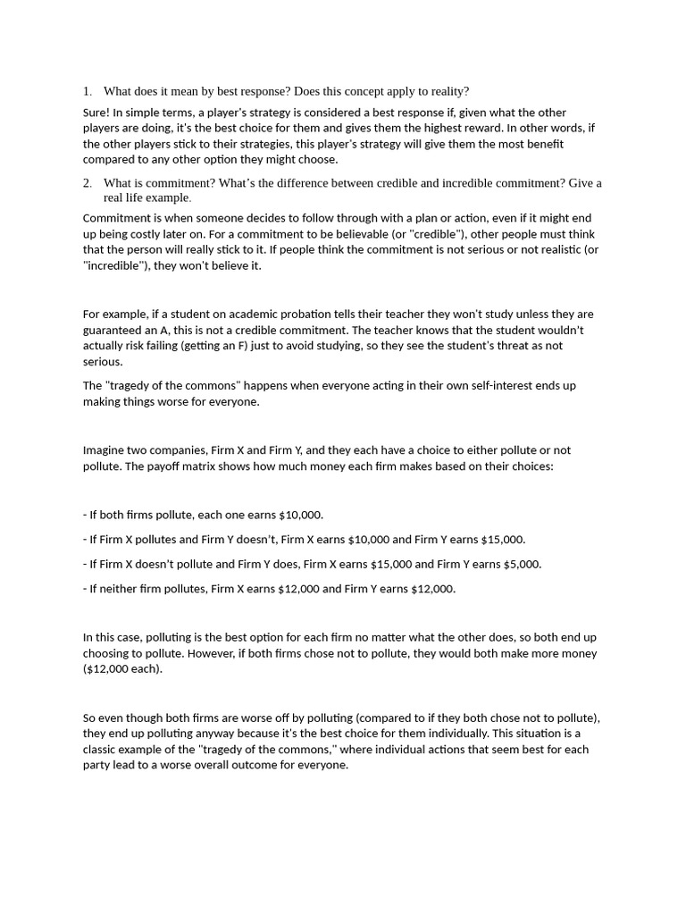 Best Response and Commitment Explained | PDF