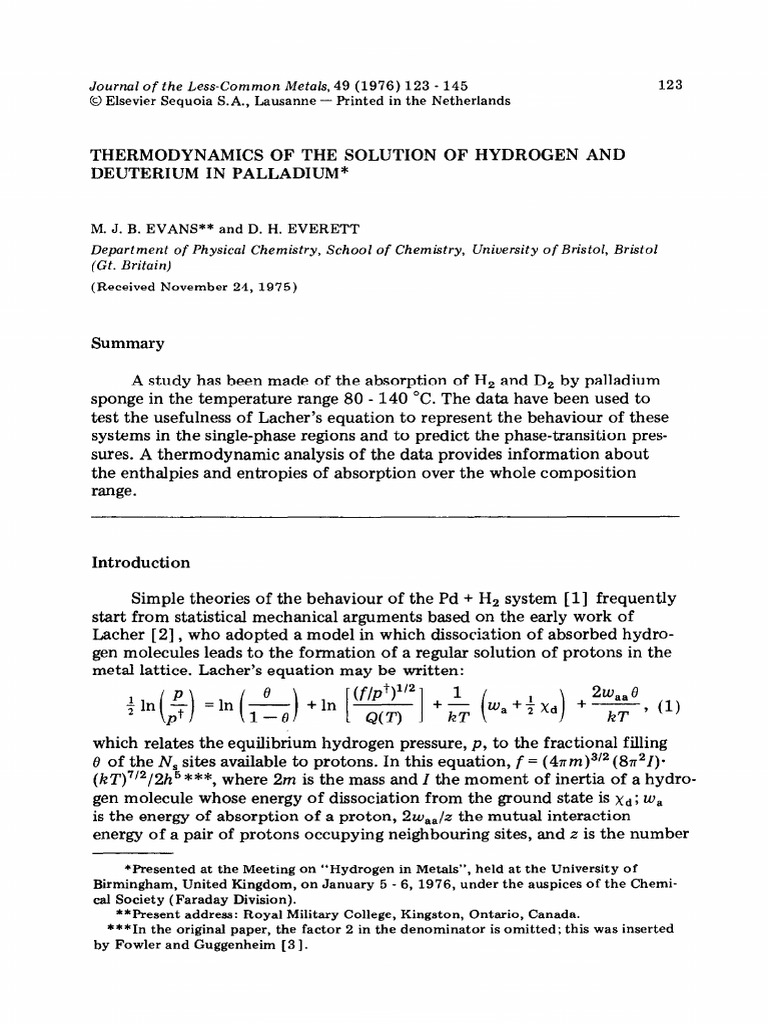 Thermodynamics of The Solution of Hydrogen and Deuterium in Palladium ...