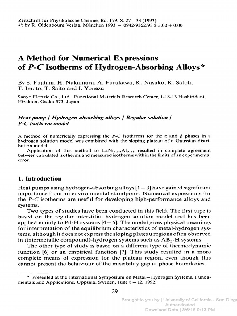 A Method For Numerical Expressions of P-C Isotherms of Hydrogen ...