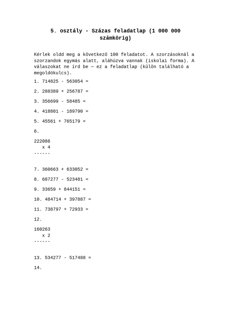 5th Grade Arithmetics 100 Problems | PDF | Chess Theory | Chess