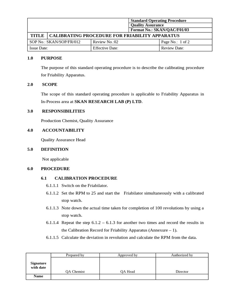 Friability Apparatus Calibration SOP | PDF | Calibration