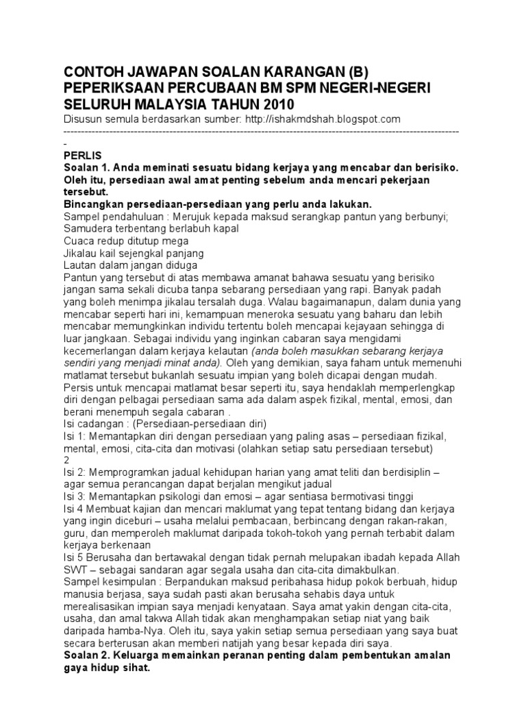 Contoh Jawapan Soalan Karangan Spm Pdf