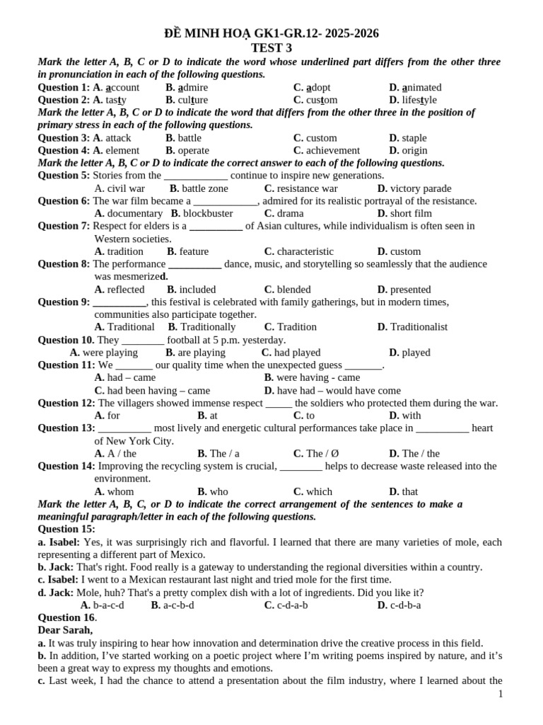 Grade 12 English Test Sample 2025-2026 | PDF | Tattoo | Washing Machine