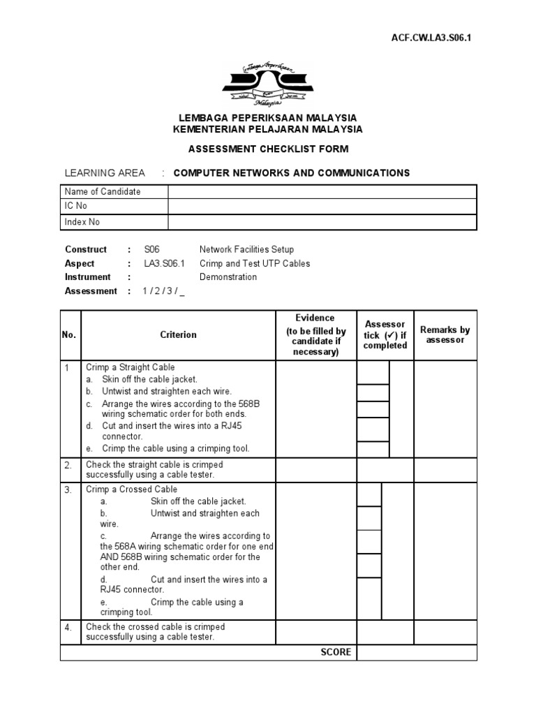 UTP Cable Crimping Assessment Checklist | PDF | Technology & Engineering