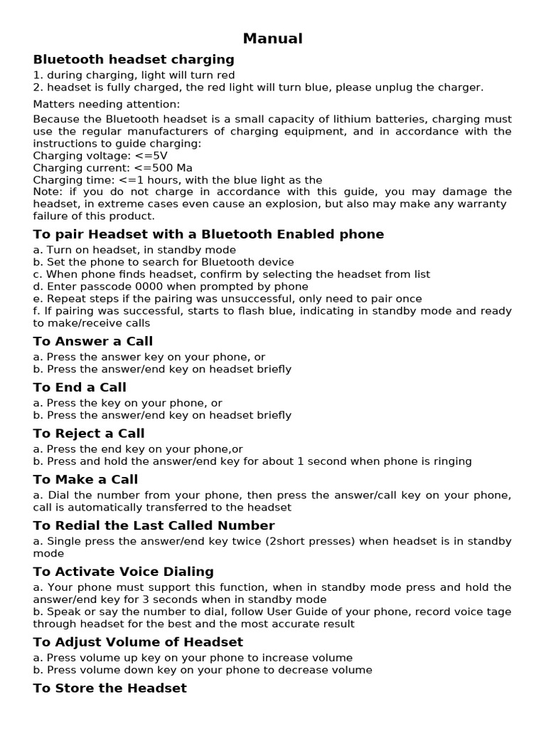 Bluetooth Headset Charging & Usage Guide | PDF