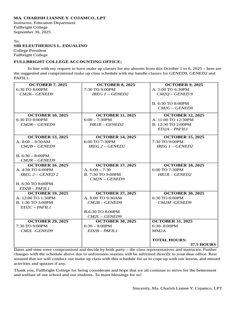 Make-Up Class Schedule for GENED and PAFIL | PDF
