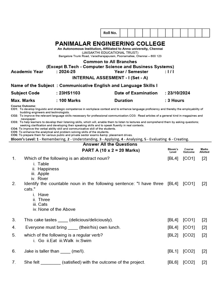 Communicative English Assessment 2024 | PDF | Human Communication ...