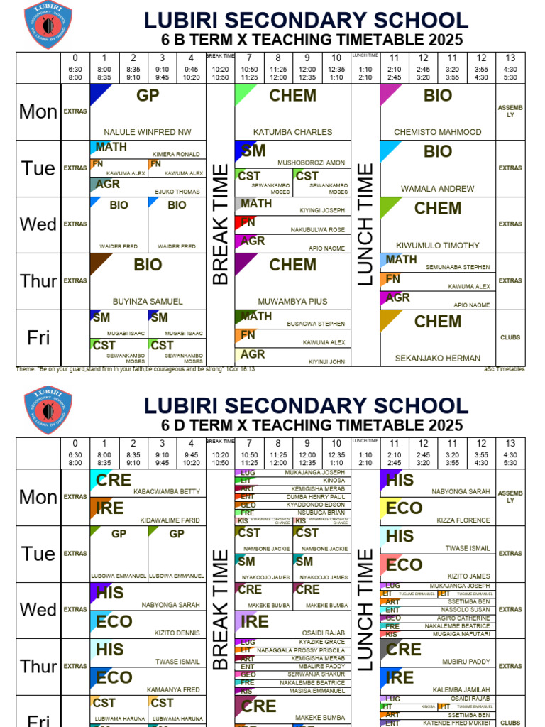 Lubiri Secondary School 2025 Timetable | PDF