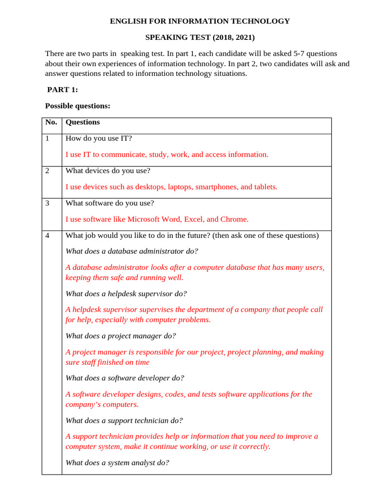 IT Speaking Test Questions Guide | PDF | Smartphone | Computer Virus