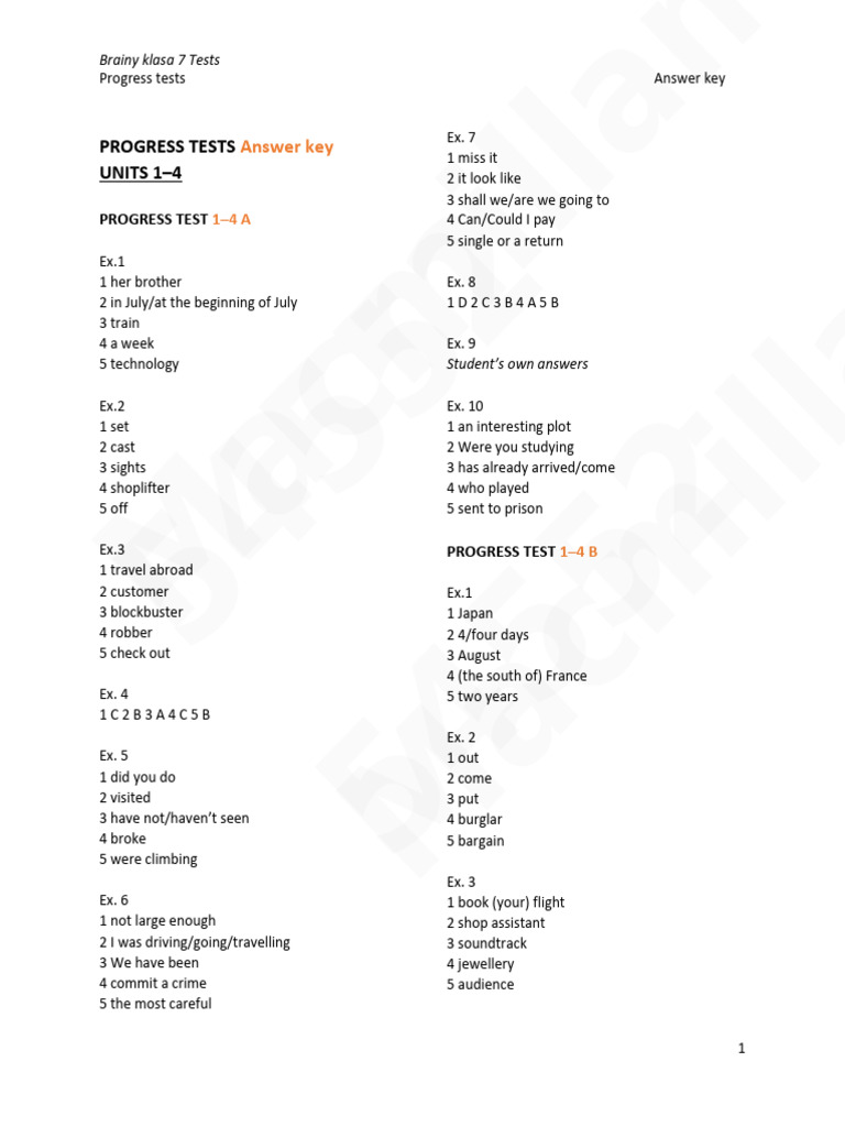 Brainy 7 Progress Tests Answer Key | PDF