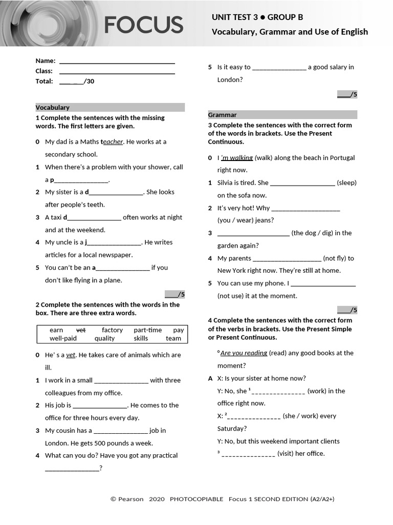 Unit Test 3: Vocabulary & Grammar A2 | PDF | Grammar | Linguistics