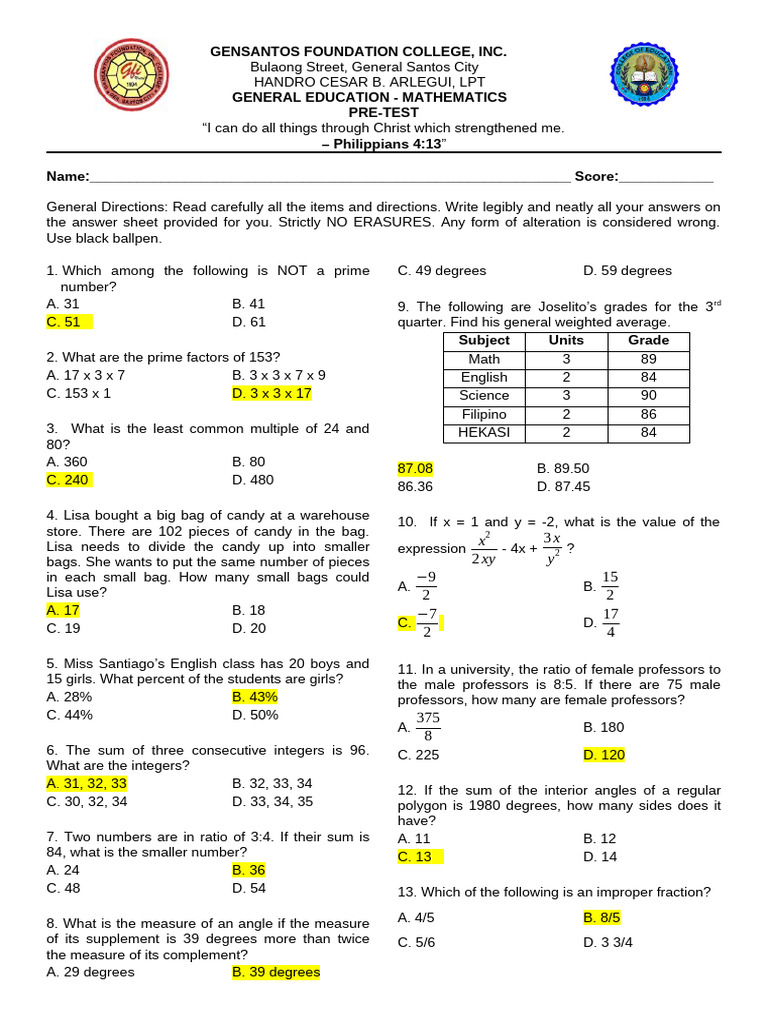 Math Pre-Test for General Education | PDF | Numbers | Variable ...