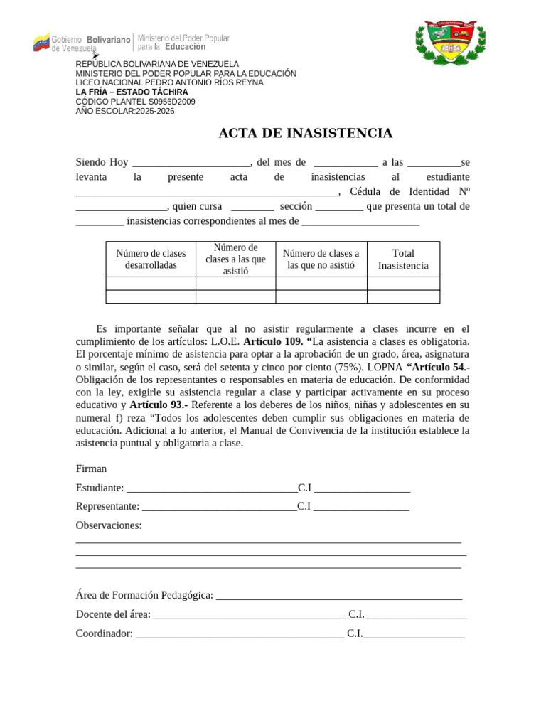 Acta de Inasistencia Escolar 2025-2026 | PDF