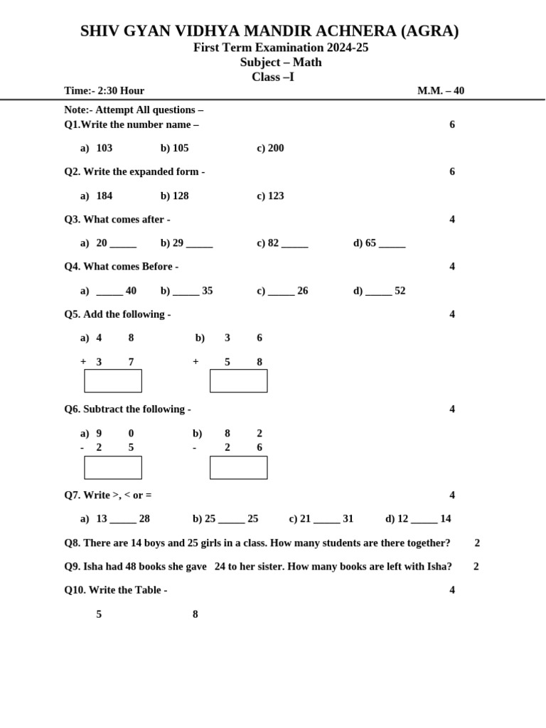 Math Exam Papers for Class I-V 2024-25 | PDF