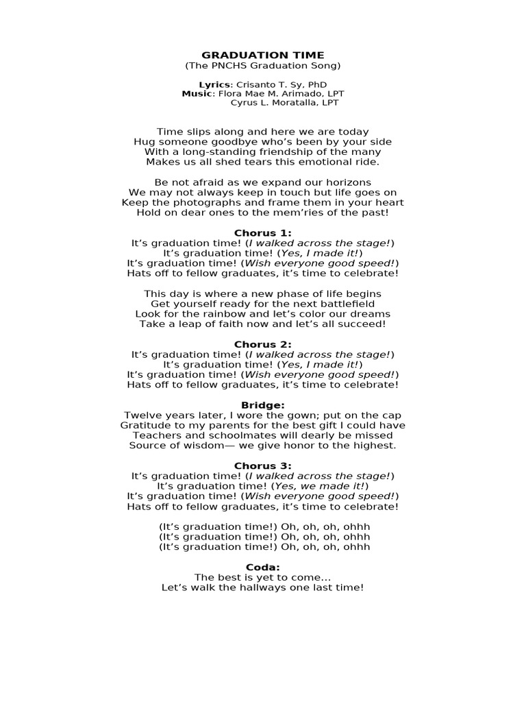 Graduation Song Lyrics for PNCHS | PDF
