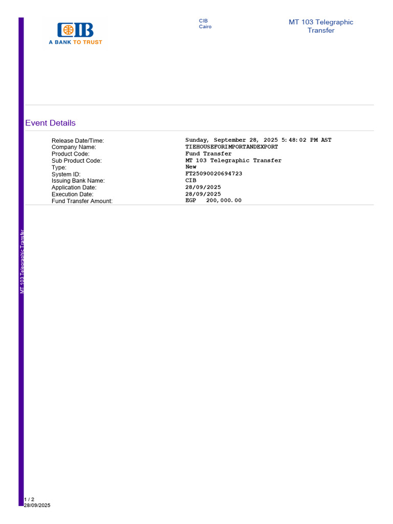 MT 103 Fund Transfer Details - CIB | PDF | Banking Technology | Banking