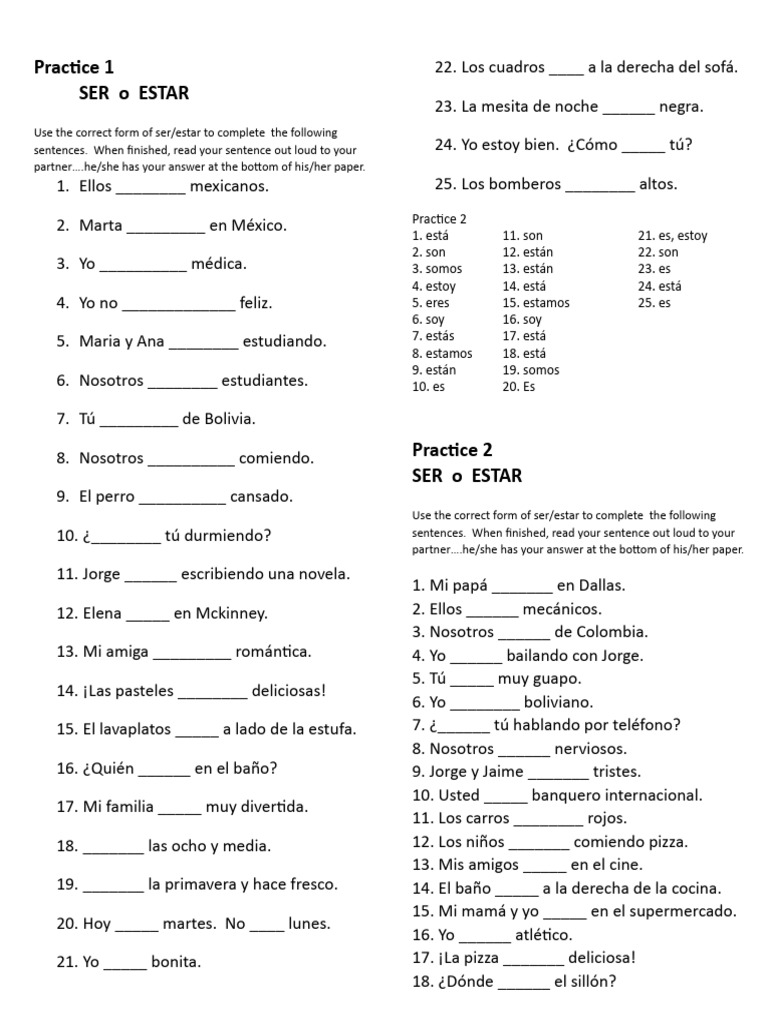 Ejercicios de SER y ESTAR en Español | PDF