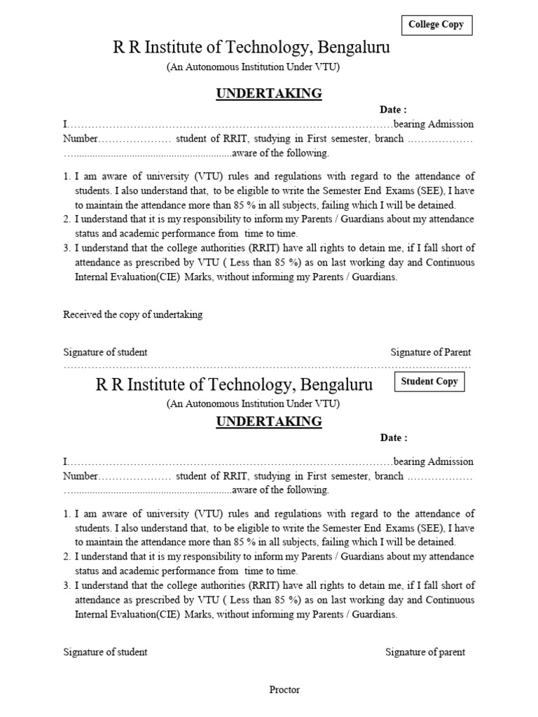 RRIT Attendance Undertaking Form | PDF | Educational Stages ...