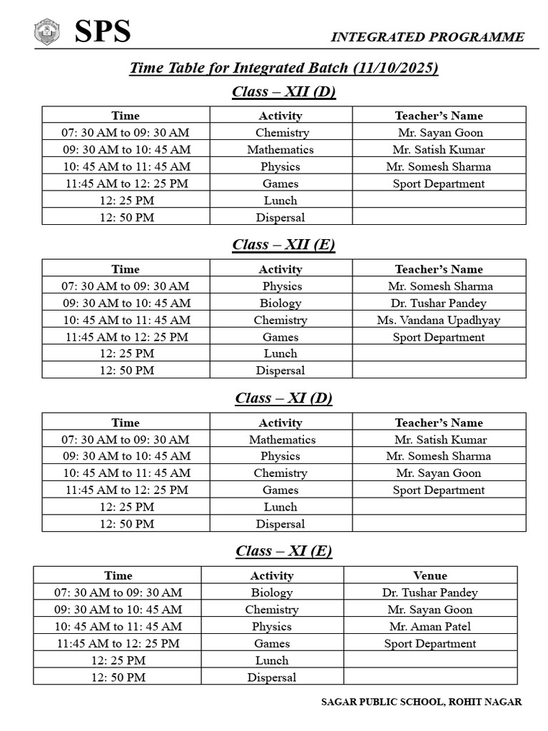 SPS Integrated Programme Timetable | PDF