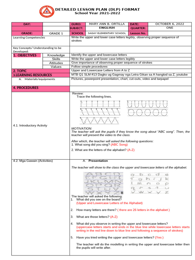 Grade 1 English Lesson Plan: ABCs | PDF | Letter Case | Written ...