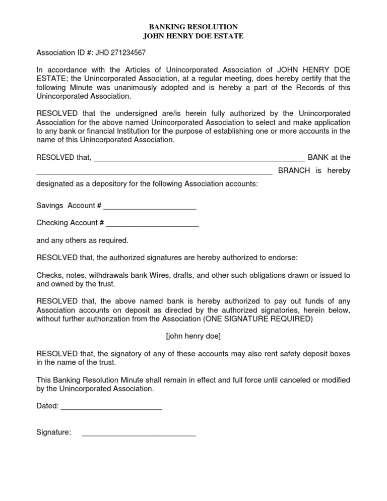 Banking Resolution for Unincorporated Association | PDF | Finance ...