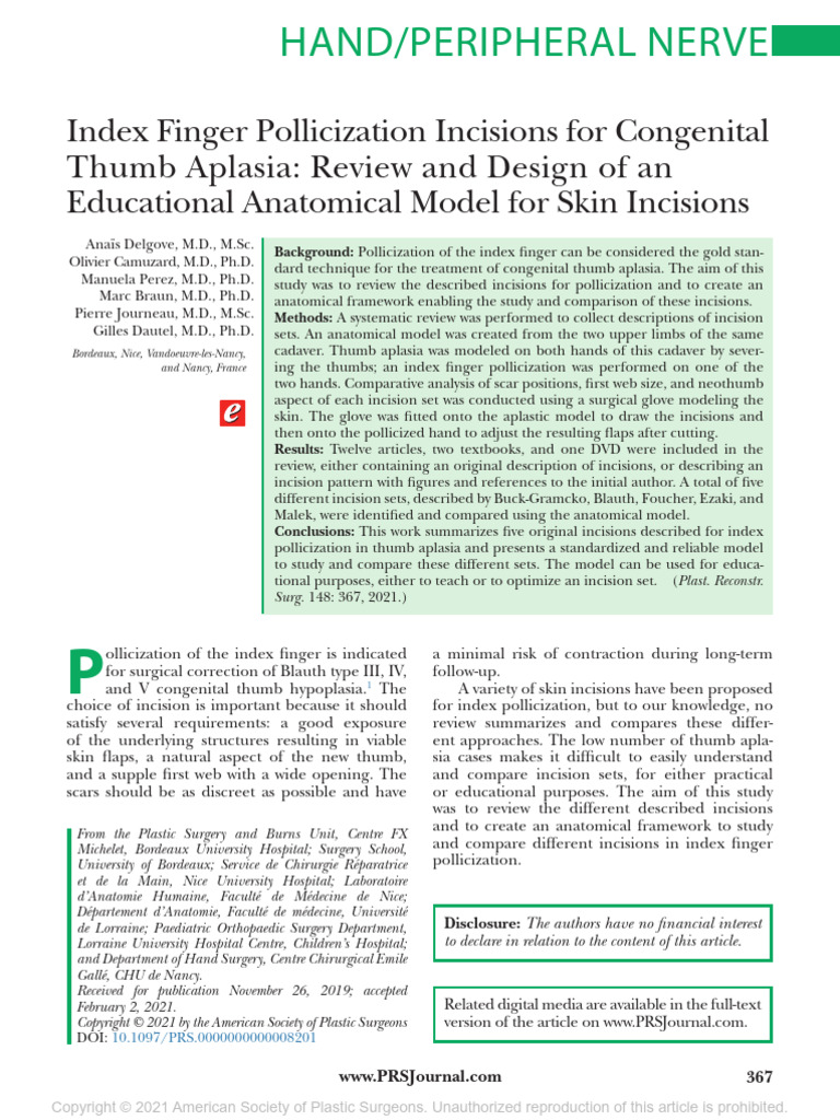 Index Finger Pollicization Incisions For.16 | PDF | Hand | Limbs (Anatomy)
