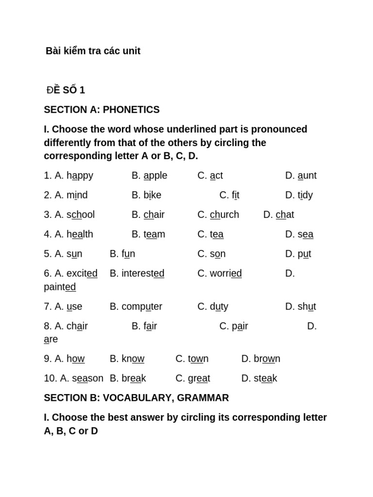 Phonetics and Grammar Test Units | PDF