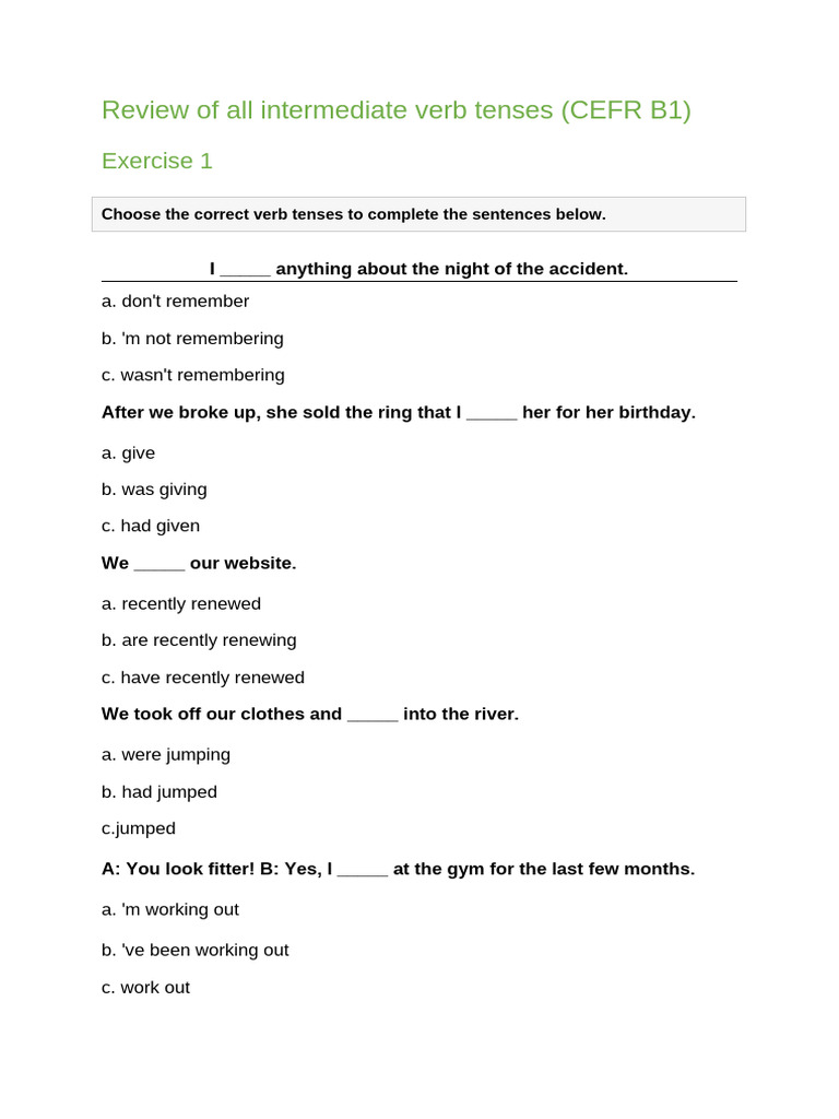 Intermediate Verb Tenses Review B1 | PDF | Linguistic Morphology ...